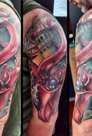 肩部逼真的五彩鱿鱼钓船纹身图案