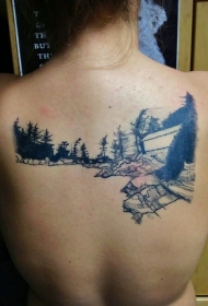 背部插画风格黑色的森林纹身图案