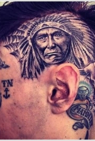 头部华丽的写实印第安人肖像纹身图案