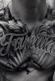 胸部黑灰字母与女性头像纹身图案