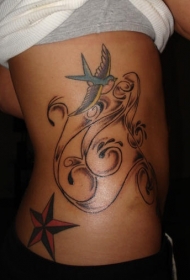 侧肋蓝色风格燕子和红星纹身图案