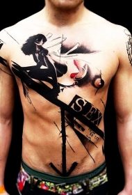 胸部和腹部幻想式彩色女性和箭头纹身图案