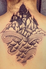 背部点刺风格黑色海浪岩石山脉纹身图案