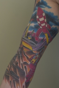 手臂彩色old school火箭纹身图案