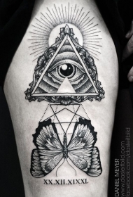大腿眼睛几何太阳蝴蝶纹身图案