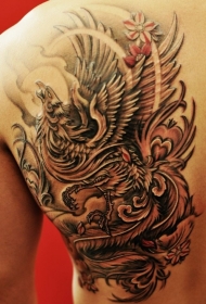 背部壁画风格的凤凰花朵纹身图案