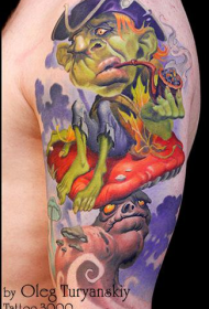 肩部彩色吸烟的小怪物纹身图案