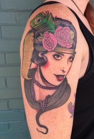 肩部欧美彩色女子肖像纹身图案