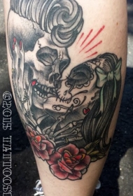 腿部墨西哥传统彩色骨架夫妇纹身