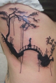 侧肋亚洲风格黑色孤独的人和桥纹身图案