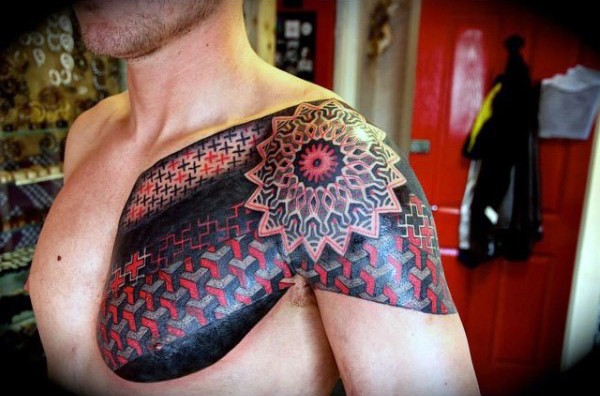 半甲彩色几何式组合观赏花卉纹身图案