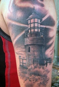 黑灰风格古老的灯塔和波浪纹身图案