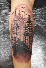 腿部棕色森林与动物纹身图案
