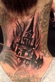 颈部黑色个性城堡纹身图案
