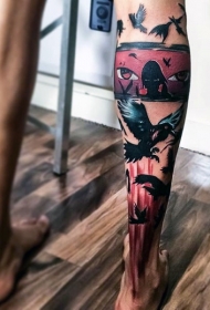 小腿彩色人眼与乌鸦彩色纹身图案