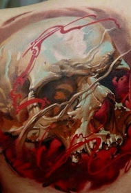 肩部彩色恐怖风格的骷髅纹身图案