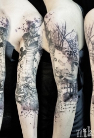 手臂old school黑白男孩肖像与森林米老鼠纹身图案