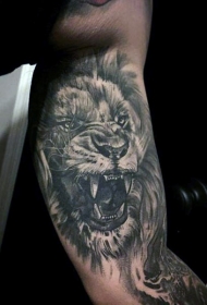 大臂内侧插画风格黑白咆哮的狮子纹身图案