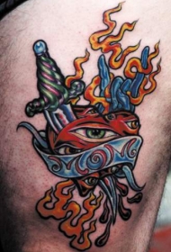 匕首心形火焰彩色英文字母纹身图案