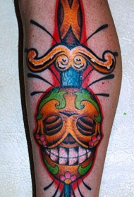小腿糖果色骷髅匕首纹身图案