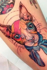 new school彩色猫肖像和蝴蝶结纹身图案