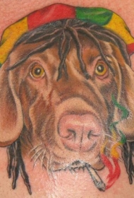 戴彩色帽子的狗头像纹身图案