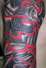 黑色凤凰与红色线条艺术纹身图案