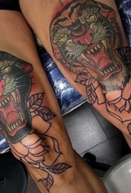 膝盖old school彩色老虎和黑豹纹身图案