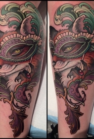 小腿现代风格彩色狐狸面具羽毛纹身图案