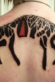 背部黑色的石头组合狼纹身图案