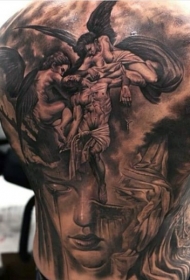 背部不寻常的组合天使与神秘女人肖像纹身图案