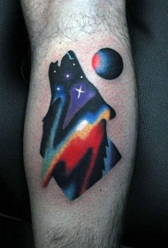 手臂彩色狼与月亮与夜空纹身