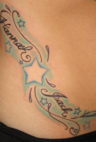 腰部彩色五角星英文纹身图案