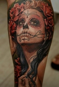 腿部水彩色死圣女孩纹身图案
