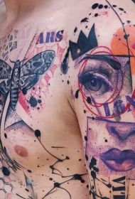 彩色的各种符号文字和蝴蝶纹身图案