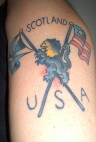 腿部彩色美国和苏格兰的旗帜纹身
