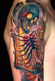新风格的彩色肩部人体骨骼纹身图案