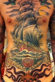 全身彩色的大帆船与鸟类和花卉纹身图案