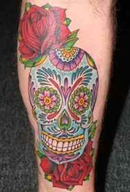腿部彩色sugar 骷髅红玫瑰纹身图案