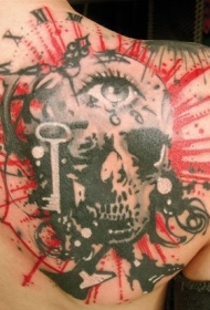背部彩色眼睛和骷髅纹身图案