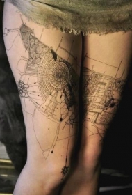 大腿有趣的黑色复制线条装饰纹身图案