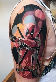 肩部逼真的彩色手枪死侍纹身图片