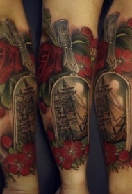 手臂现代风格的彩色瓶子与花朵纹身
