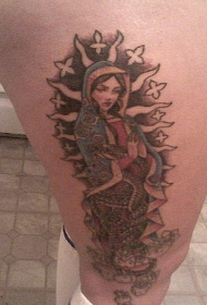 腿部彩色祈祷迷人的女孩纹身图案