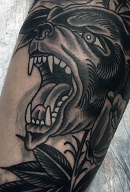 old school小腿黑色熊头部纹身图案