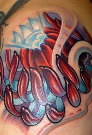 肩部逼真鲜艳的菊花纹身图案