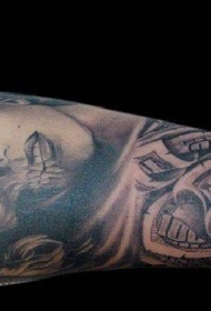 手臂黑灰玛丽莲梦露肖像与玫瑰美元纹身图案