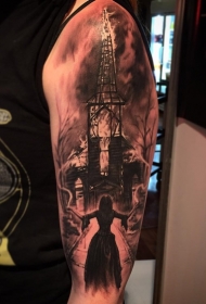 神秘的黑灰燃烧教堂和女巫纹身图案