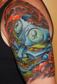 大臂亚洲传统彩色魔鬼面具纹身图案