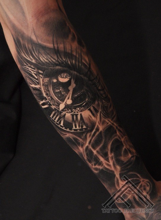 手臂逼真的眼睛时钟纹身图案